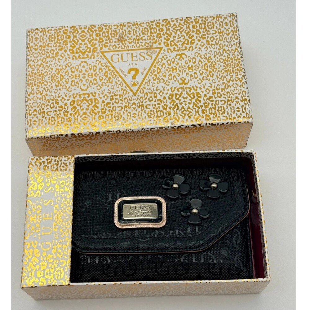 GUESS Women’s Britton Black Embossed Logo Folding Wallet Floral Accents 7"